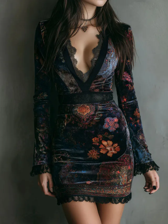 Retro chic Velvet Cheongsam Dress With Floral Print, Fitted Waist, And Slimming Effect Blue - Shop at LoveMi