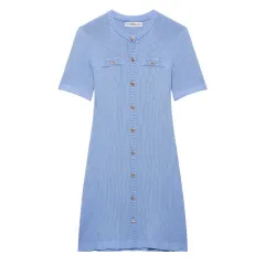 Women's Fashion Front Button Rib Knit Dress - Blue - View 1