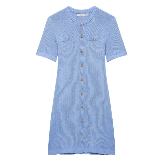 Women's Fashion Front Button Rib Knit Dress Blue - Shop at LoveMi