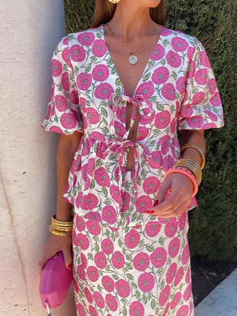 Flower Print V-neck Lace-up Hollow Short Sleeve Top Beach Skirt