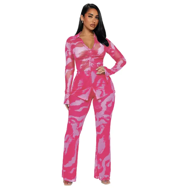Sexy Fashion Mesh Floral Print Two piece Set Rose Red - Shop at LoveMi