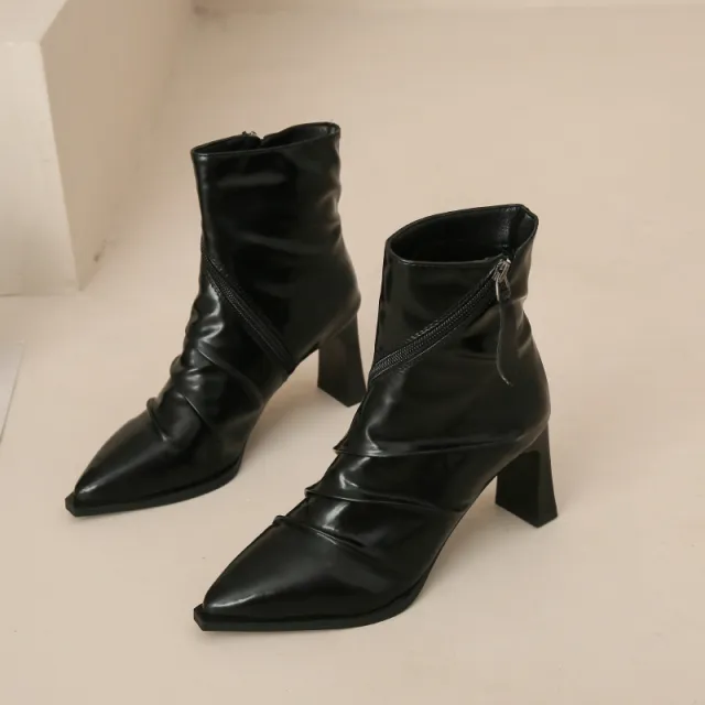 Pleated Fashion Boots Women's Pointed Chunky Heel Black - Shop at LoveMi