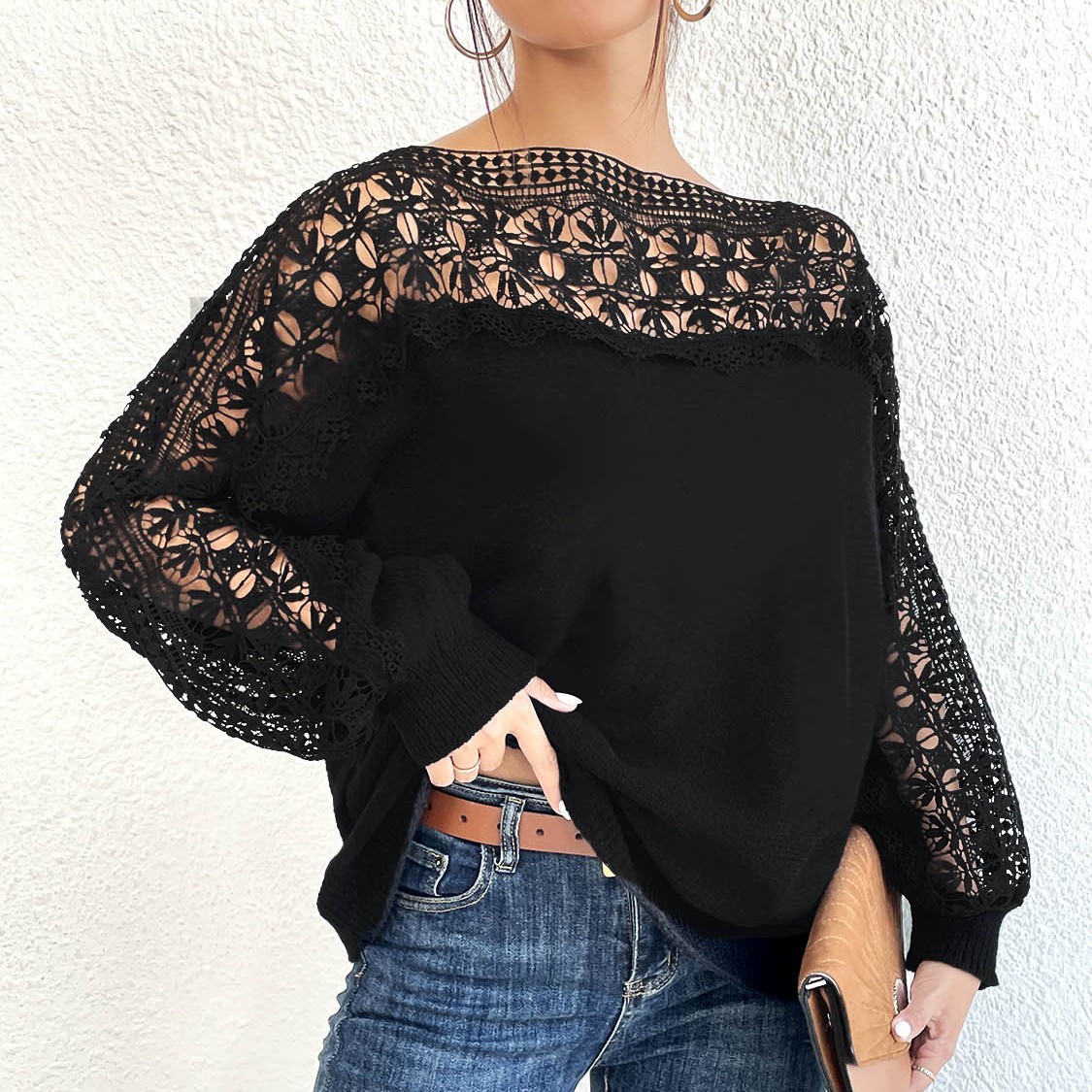 Lace-Panel Off-the-Shoulder Sweater Pullover