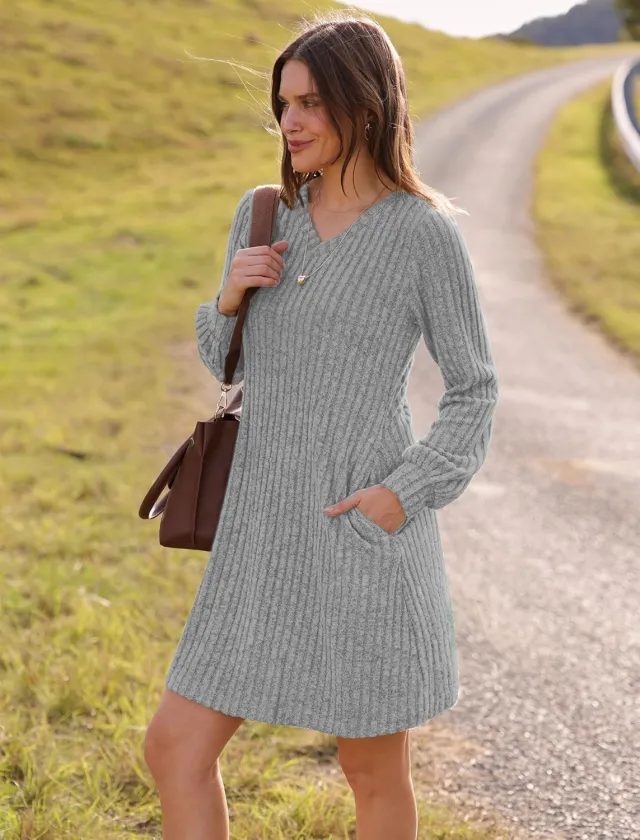 V neck Pocket Sunken Stripe Brushed Long Sleeve Leisure Dress Gray - Shop at LoveMi
