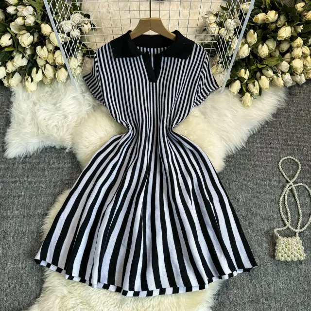 Contrast Color Retro Lapel Short Sleeve Striped Knitted Dress Black - Shop at LoveMi