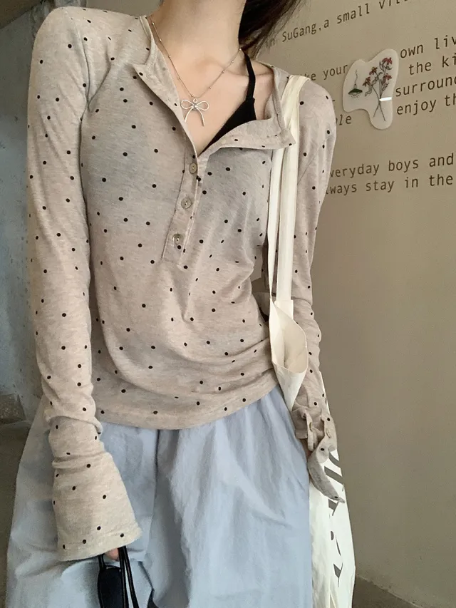 Summer Thin Polka Dot Slim T shirt Apricot - Shop at LoveMi