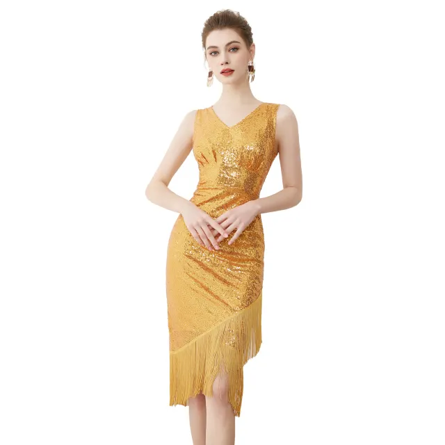 High Waist Sequined Tassel Birthday Party Prom Sexy V neck Dance Dress Gold - Shop at LoveMi