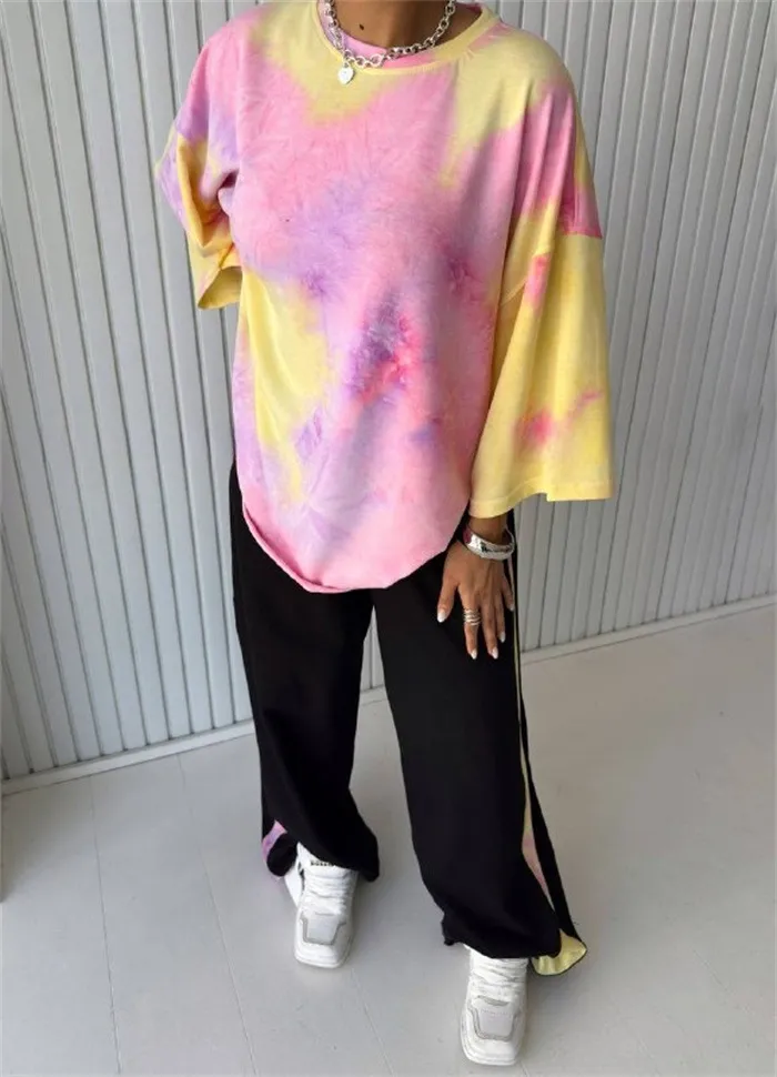 Womens Short-Sleeve Crew-Neck Tie-Dye T-Shirt And Pants Set - Pink