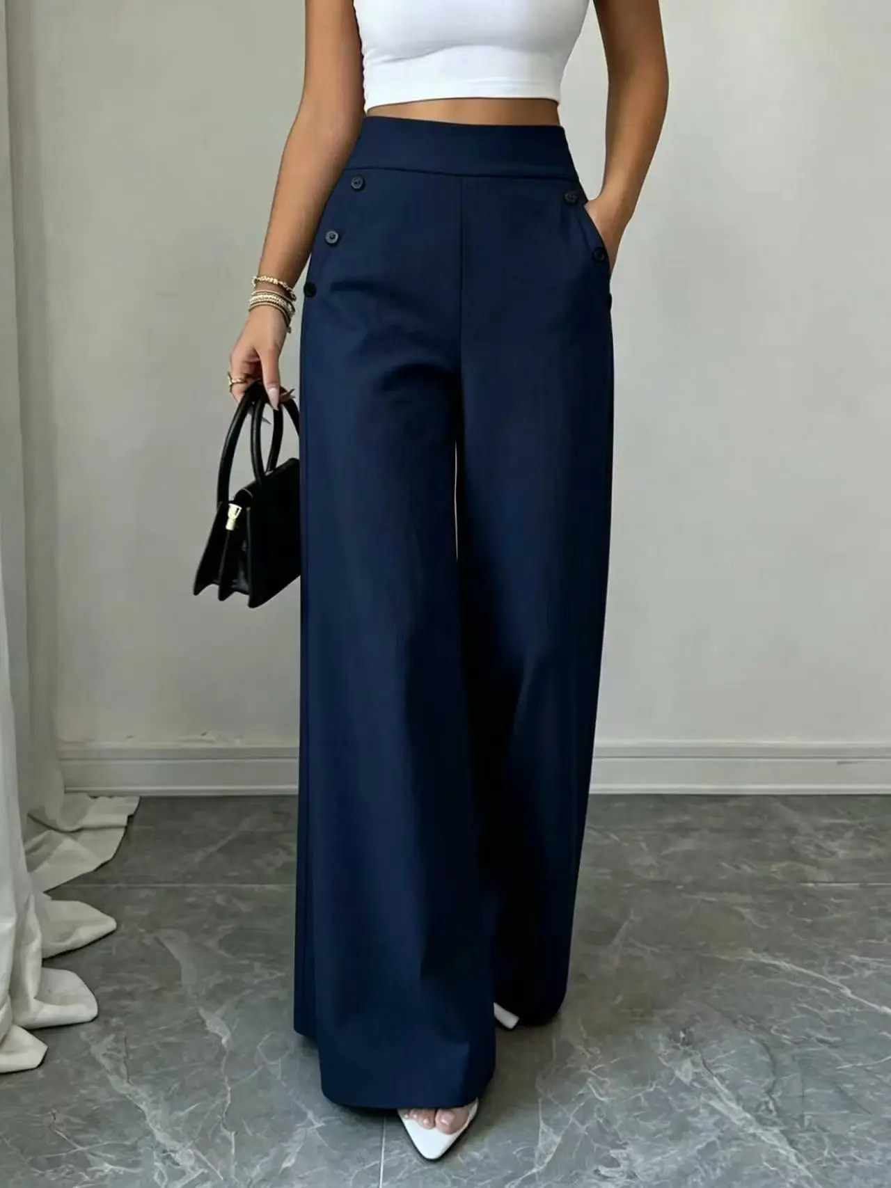 Summer New Arrival High Waisted Double Breasted Loose Fit Trousers