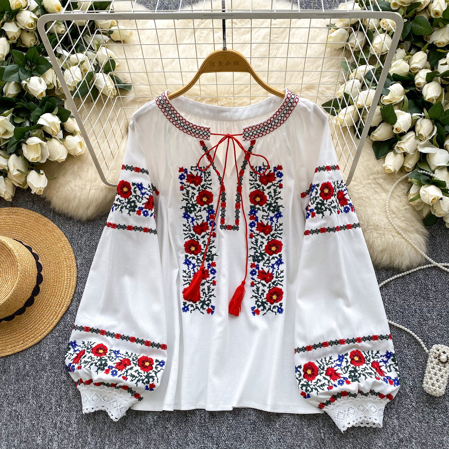 Womens Retro Embroidered Crew-Neck Lace-Up Puff-Sleeve Shirt