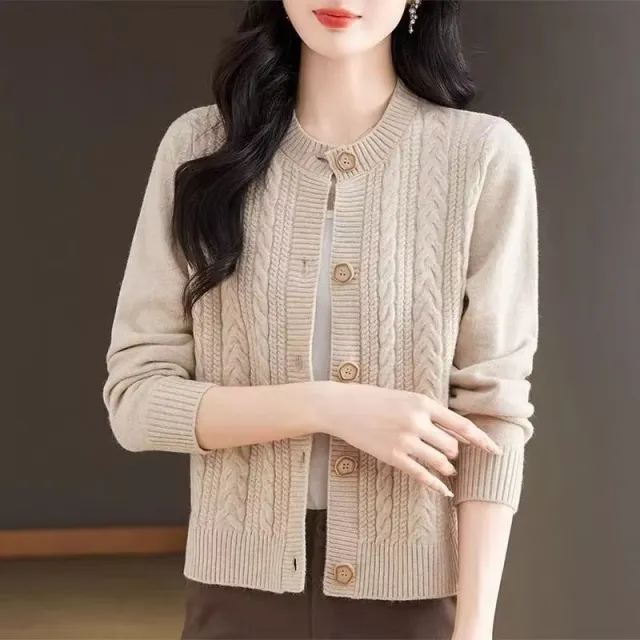 Loose And Lazy Round Neck Stylish Versatile Cable Knit Sweater Apricot - Shop at LoveMi