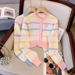 Heart Velvet Buckle Color Stripes Knitted Cardigan Top - Pink - View 1