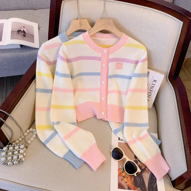 Heart Velvet Buckle Color Stripes Knitted Cardigan Top Pink - Shop at LoveMi