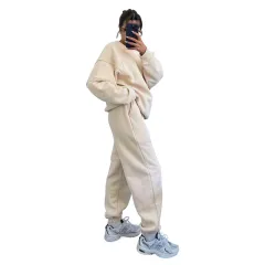 Solid Colour Round Neck Long Sleeve Sweatshirt Women's Fashion Casual Loose Pants Suit - Apricot - View 1