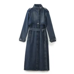 Women's Classic Style Fashion Loose Denim Trench Coat - Blue - View 1