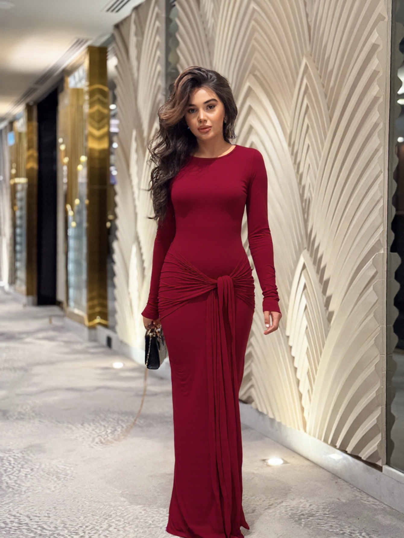 Womens Long-sleeve Body-hugging Crew-neck Fashionable Sheath Dress - Image 5