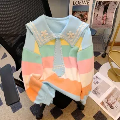 Rainbow Striped Contrast Colour Sailor Collar Beaded Sweater Women's Autumn And Winter Loose Youthful-looking Knitted Top - Blue - View 1