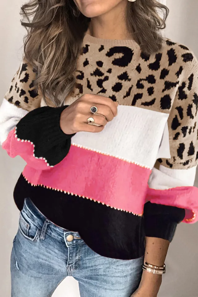 European And American Stitching Leopard Print Plus Size Crew Neck Pullover Sweater Pink - Shop at LoveMi