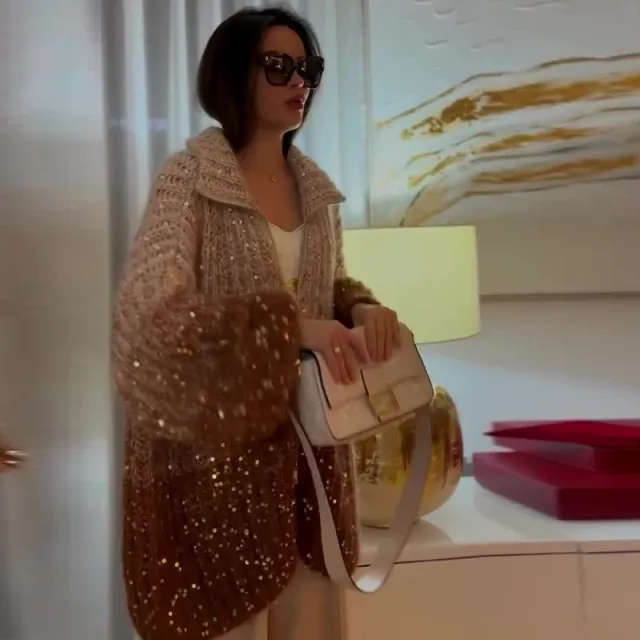 Western Classy Style Fashion Sequin Design Knitwear Coat Gradient Camel - Shop at LoveMi