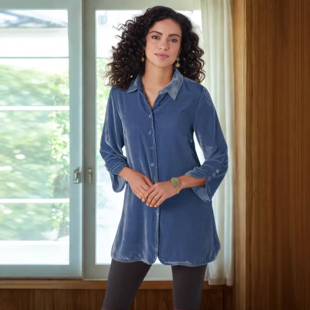 Gold Velvet Bell Sleeve Shirt With Lapel Slit Button Front Casual And Loose Light Blue - Shop at LoveMi