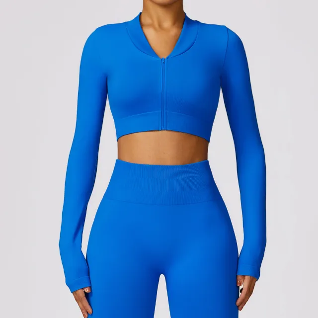 Winter Tight Seamless Long sleeved Yoga Jacket Blue - Shop at LoveMi