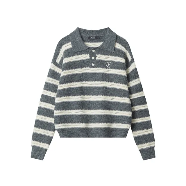 European And American Contrast Color And Versatile Knitwear Autumn Vintage Stripe Design Top Gray - Shop at LoveMi