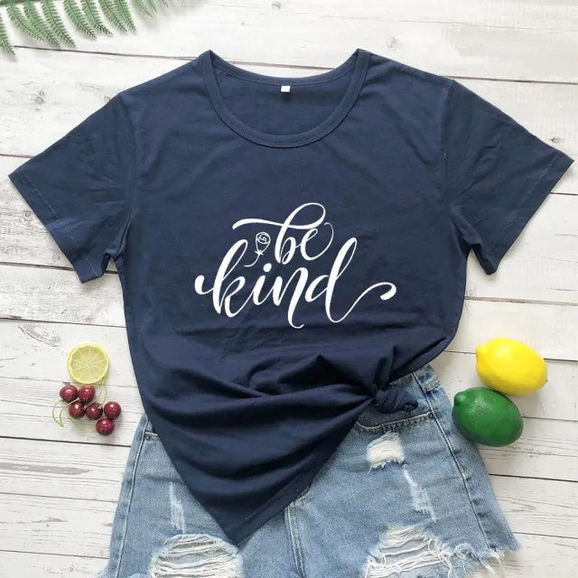 Be Kind Rose Style Short Sleeve European And American Street Leisure T shirt Navy Blue White - Shop at LoveMi
