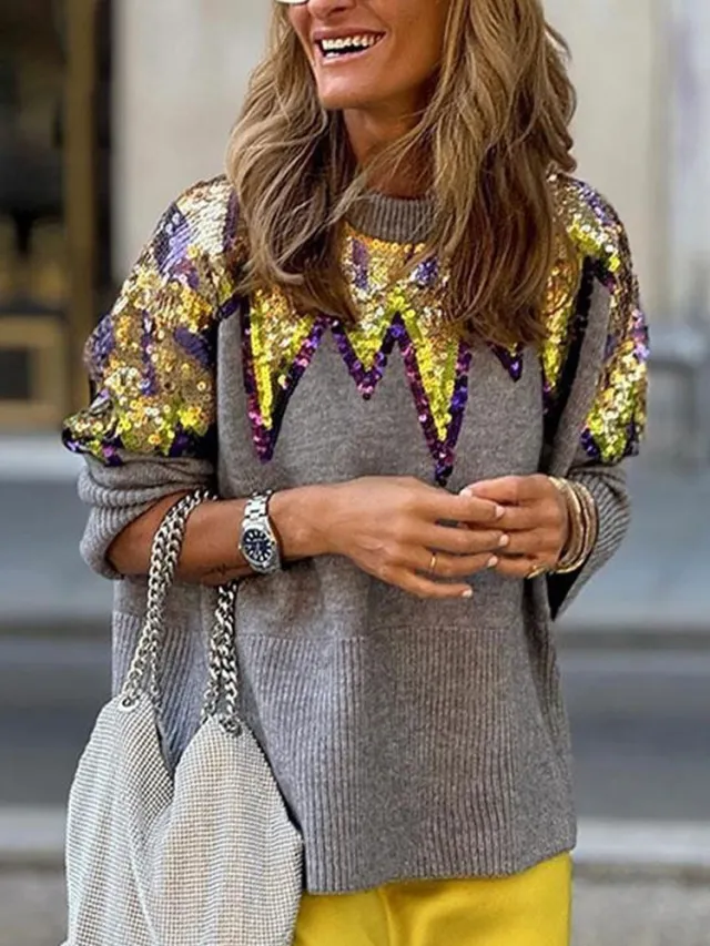 Loose Round Neck Long Sleeve Fashion Colorblock Sequined Pullover Sweater Gray - Shop at LoveMi