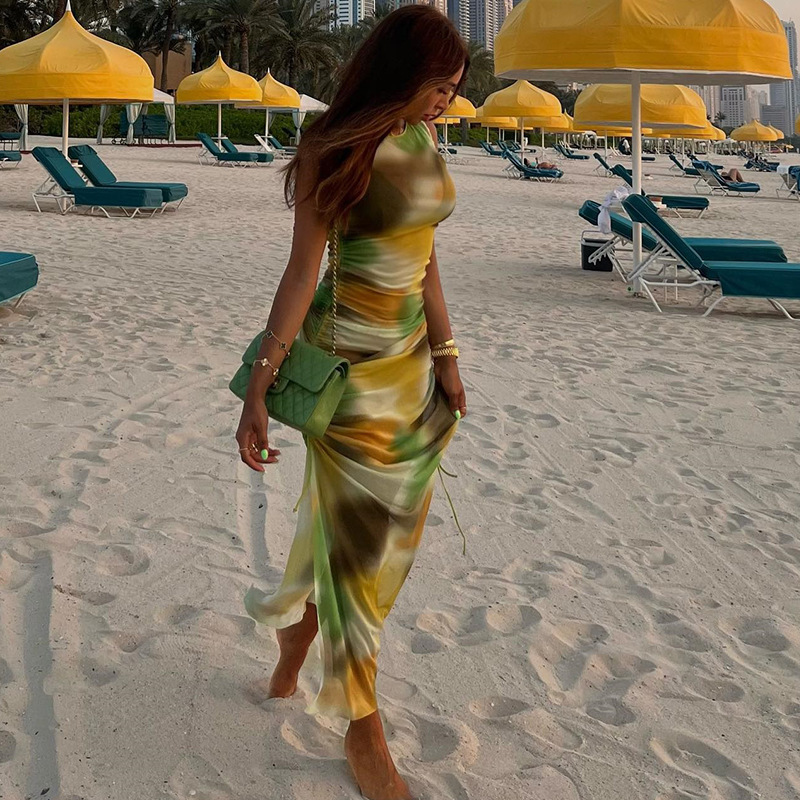 European And American Style Fashion Printed Mesh See-through Dress