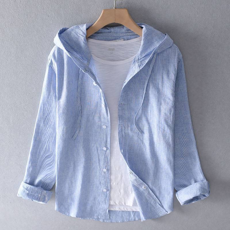 Hooded Long Sleeve Solid Color Shirt Loose Fit Stylish Cotton Linen