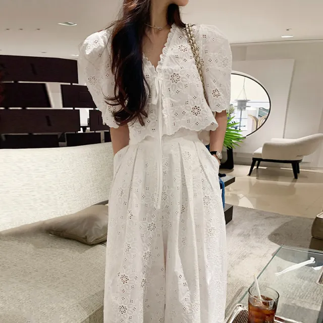 Embroidered Top High Waist Pleated Skirt Two piece Set White - Shop at LoveMi