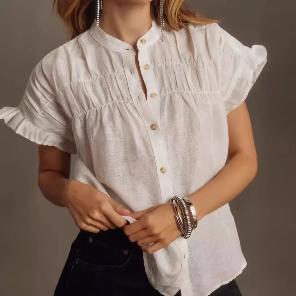 Women's Casual Smocked Solid Color Linen Stand Collar Short Sleeve Shirt - White