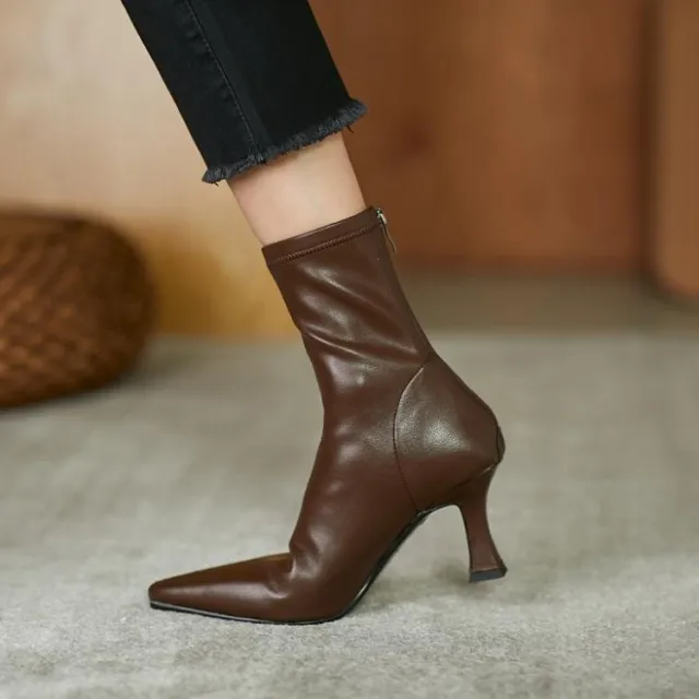 High Heel Stretch Pointed Ankle Boots Women Brown - Shop at LoveMi