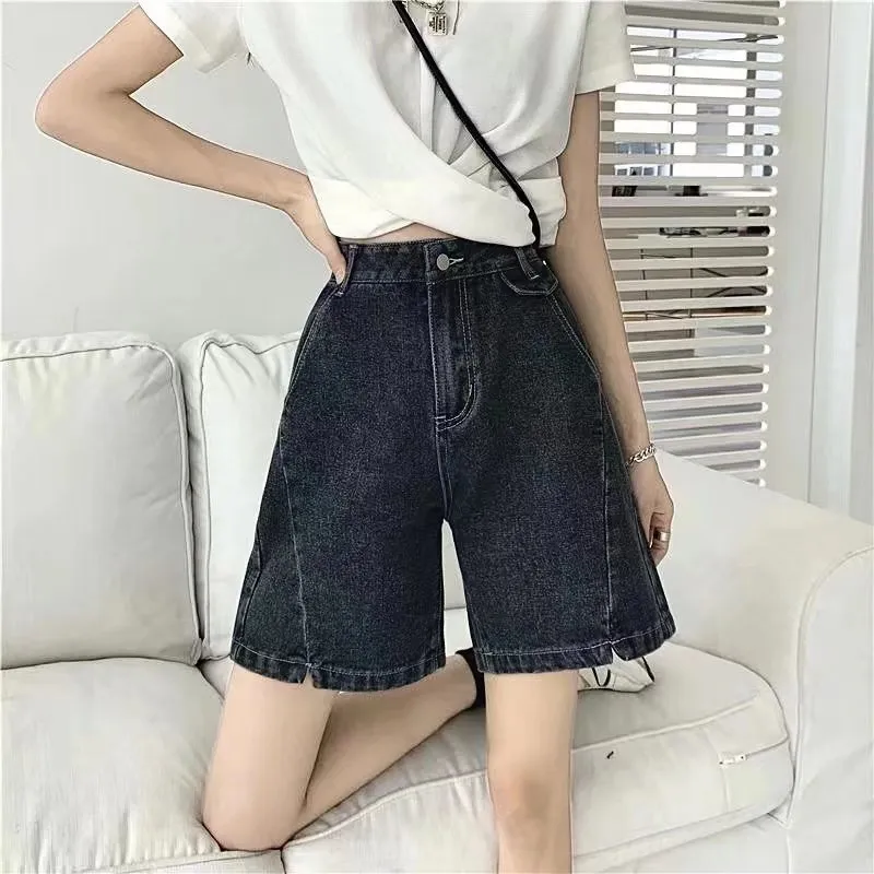 Jeans Women's Straight-leg Wide-leg Pants Split Shorts - Gray