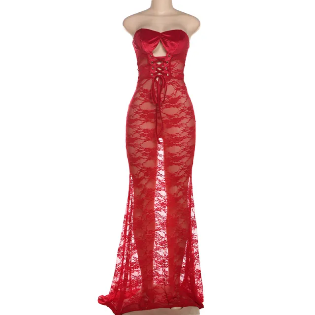 Strapless Lace up Lace Sheer Paneled Sexy Bodycon Long Dress Red - Shop at LoveMi