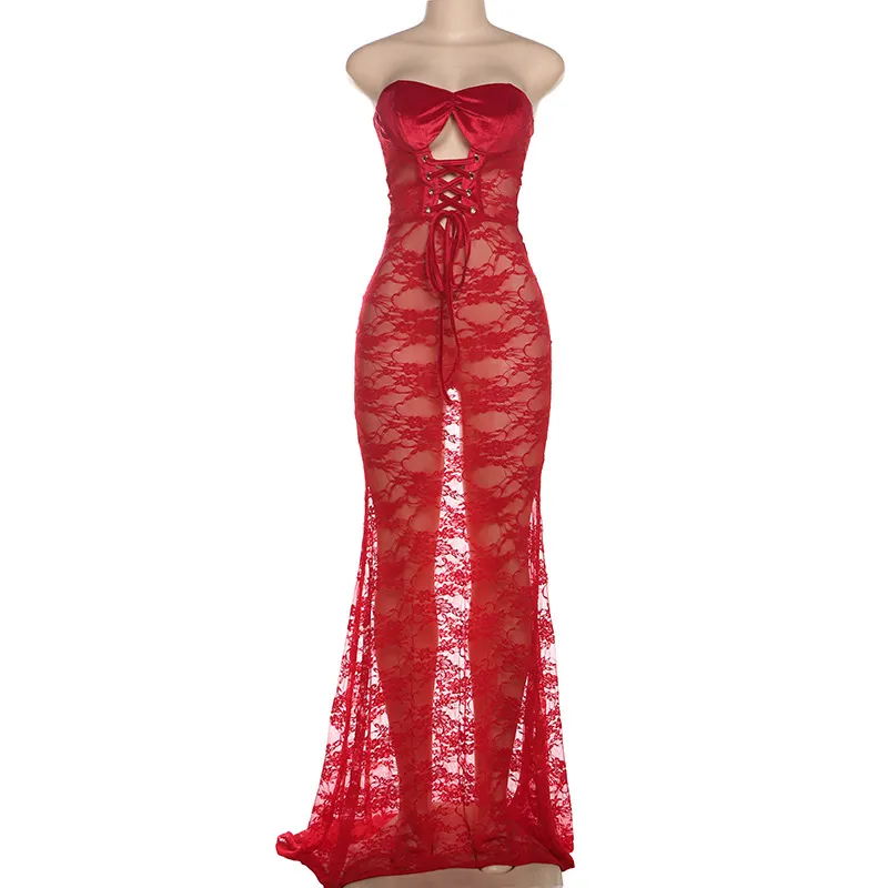 Strapless Lace-up Lace Sheer Paneled Sexy Bodycon Long Dress - Red