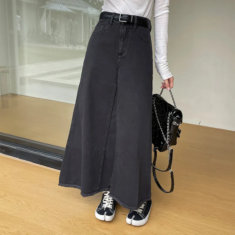 Women's High Waist Retro Denim Skirt - Grey