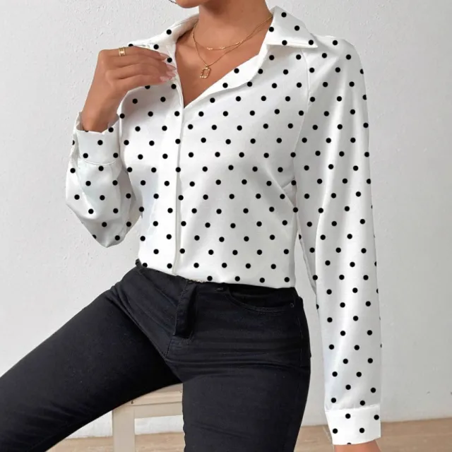 Womens Black And White Polka Dot V Neck Long Sleeve Shirt Black - Shop at LoveMi