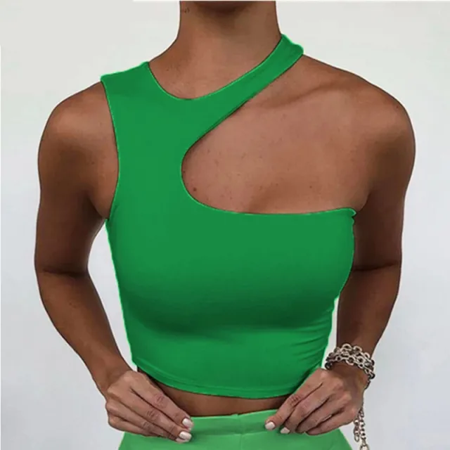 Sexy Shoulder Digging Irregular Short Sports Vest Bottoming Shirt Top Green - Shop at LoveMi