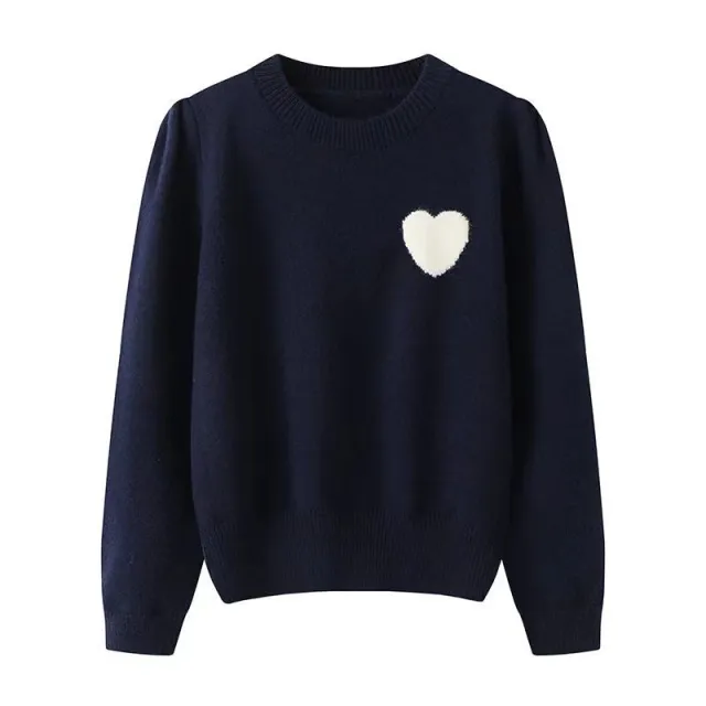 Korean Style Heart Embroidered Round Neck Sweater Navy Blue - Shop at LoveMi