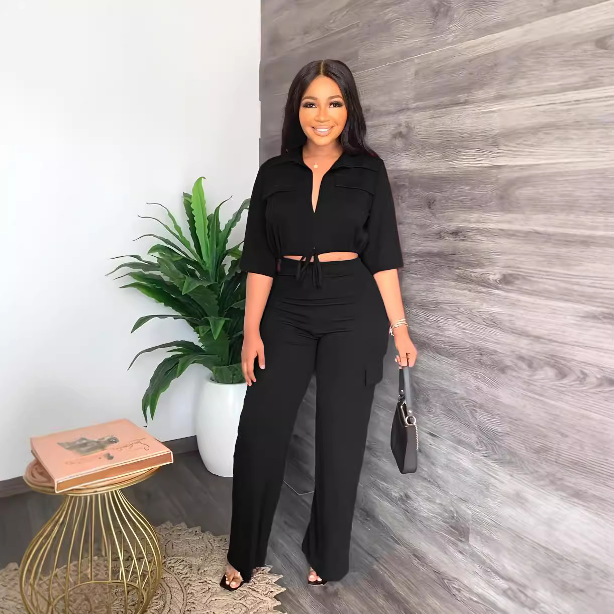 Casual Drawstring Short Top Solid Color Suit