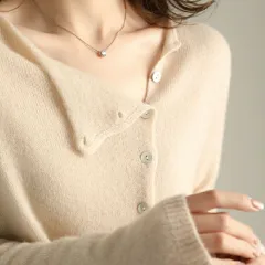 French Style Retro Crew Neck Single-breasted Cashmere Knitted Cardigan Women's Autumn Thin Casual Versatile Slimming Outer Tops - Beige - View 1