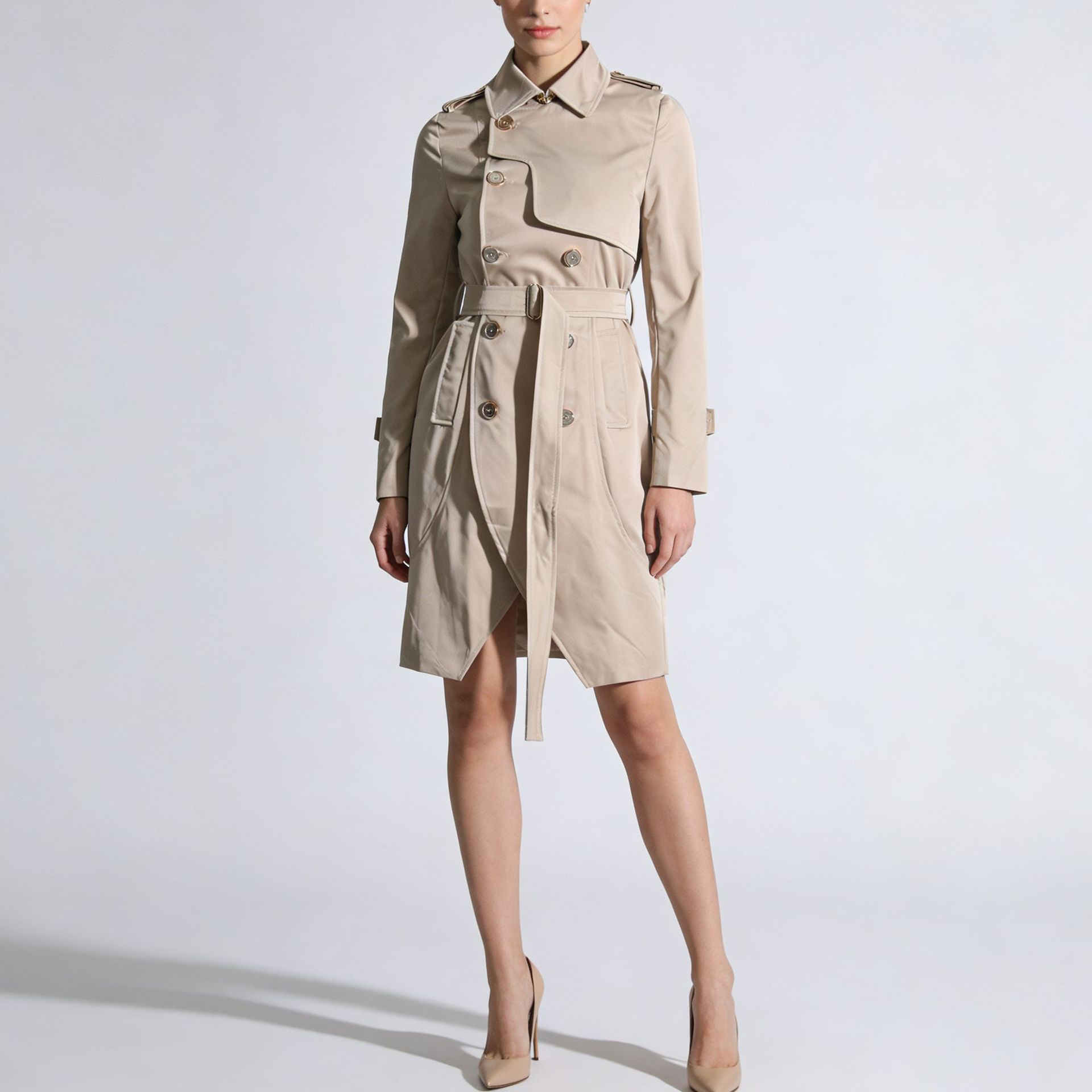 Womens Fashion Solid-Color Long-Sleeve Trench Coat With A Turn-Down Collar And Lace-Up Details