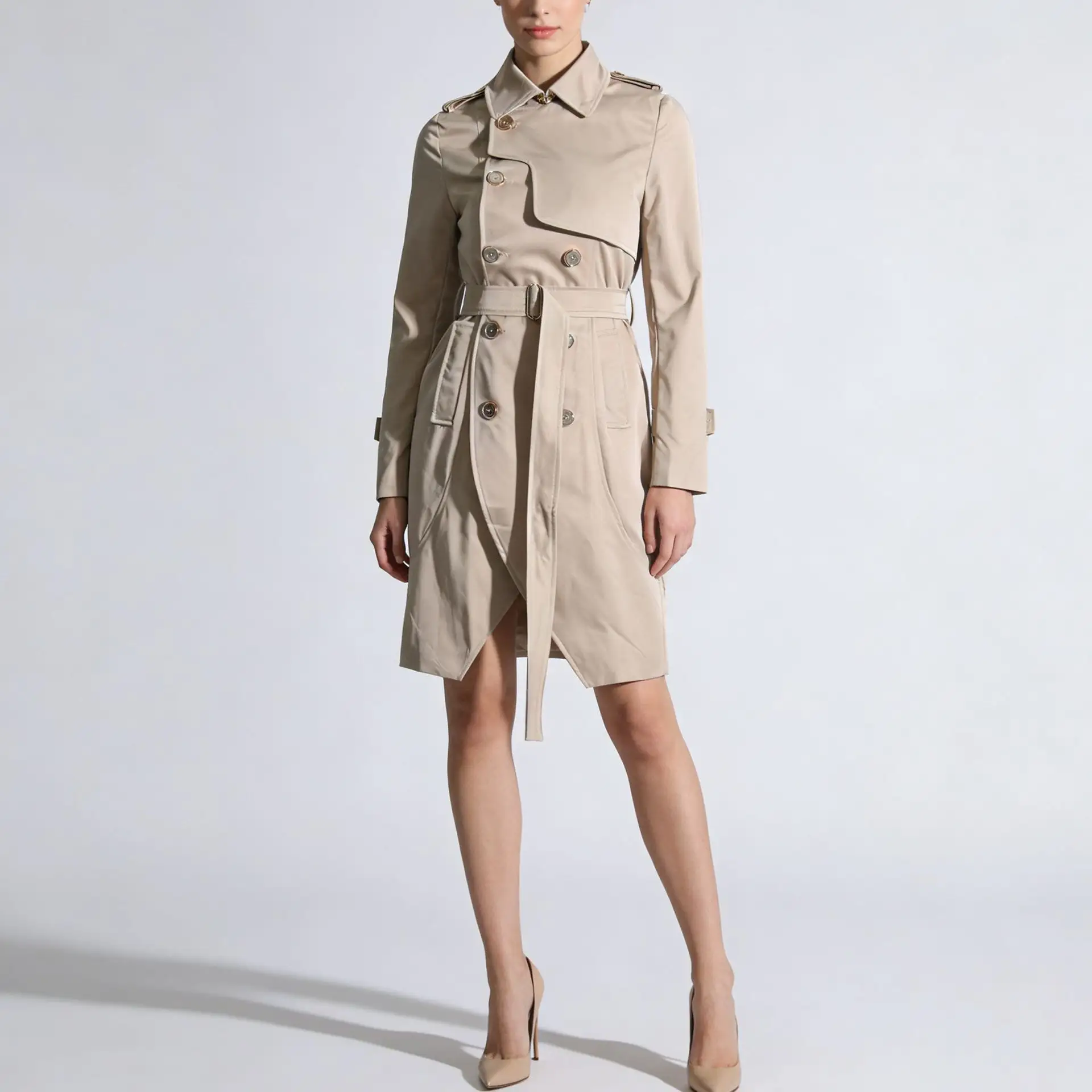 Womens Fashion Solid-Color Long-Sleeve Trench Coat