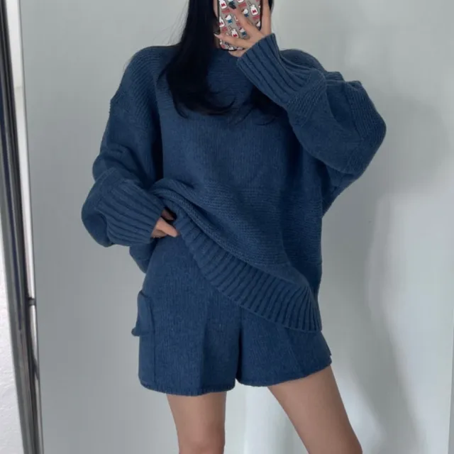 Fit Long Sleeve Sweater High Waist Wide Leg Shorts Navy Blue - Shop at LoveMi
