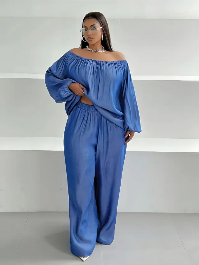 Off shoulder Loose Top Wide Leg Pants Two piece Set Sapphire Blue - Shop at LoveMi