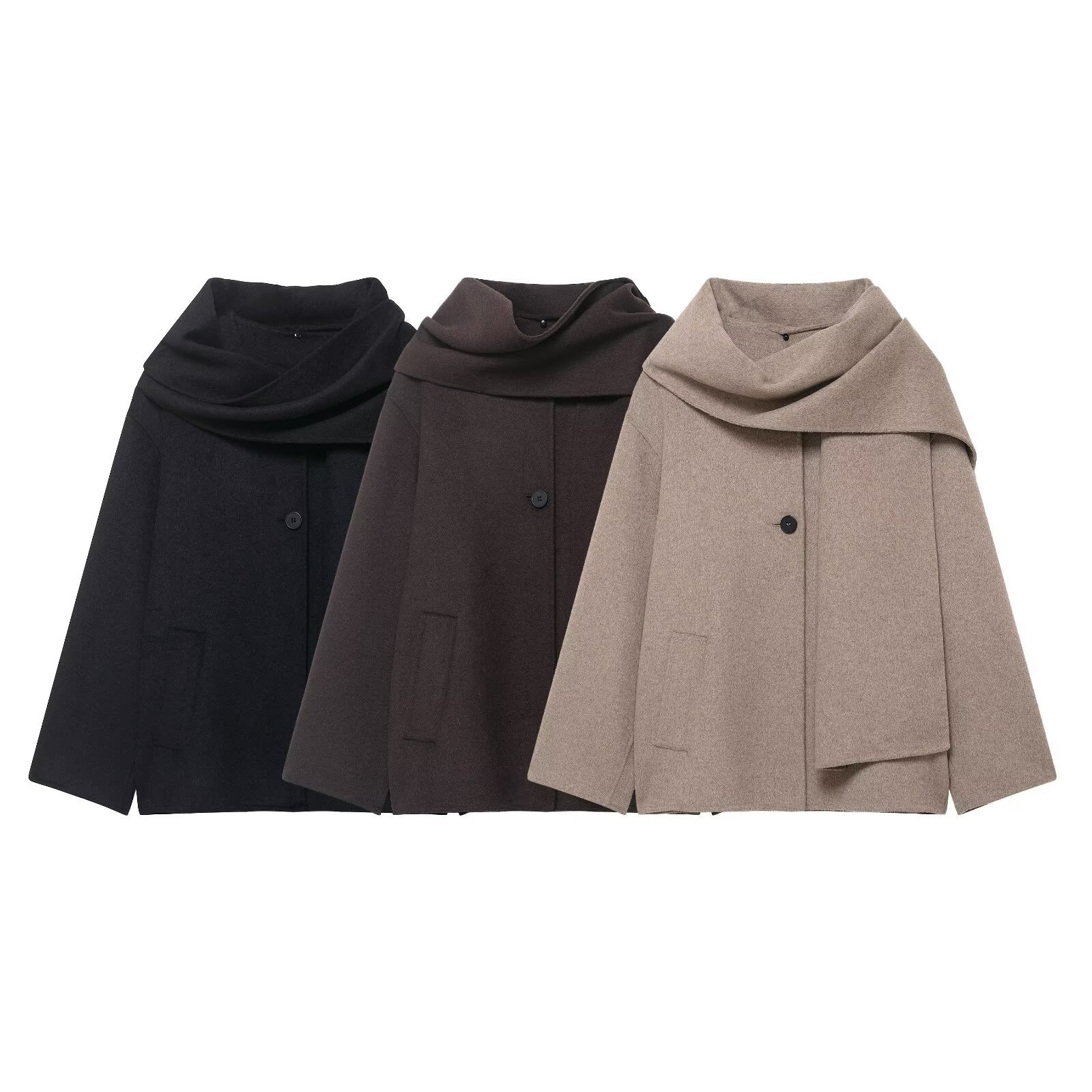 Wool Solid Color Loose Fit Scarf Short Coat Jacket