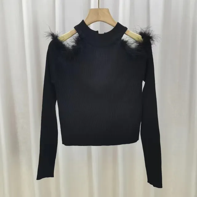 Women's Half turtleneck Stitching Hollow Out Shoulder baring Knitwear Top Black - Shop at LoveMi