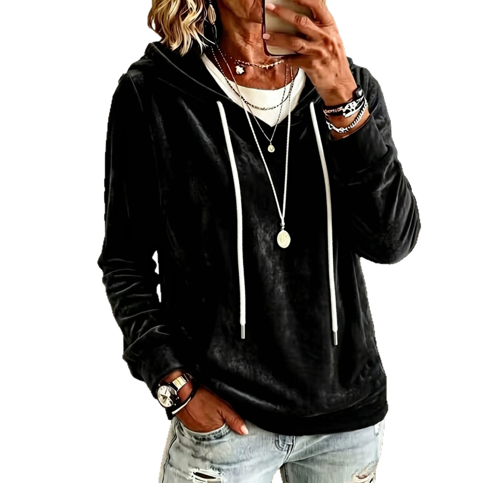 Womens Stylish And Elegant Gold-velvet Hooded Long-sleeve Sweatshirt