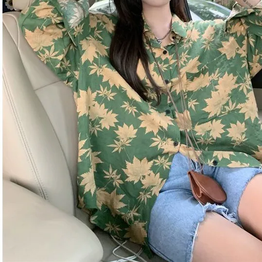 Slimming Niche Lazy Style Long Sleeve Top Green Leaves Long Sleeve - Shop at LoveMi